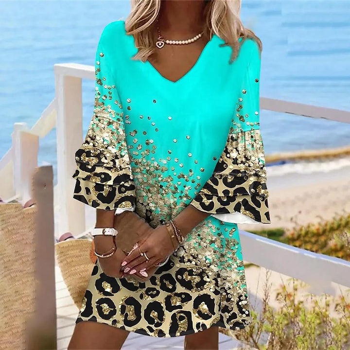 Leopard Print V-Neck Loose Beach Vacation Chic Color Dress Woman