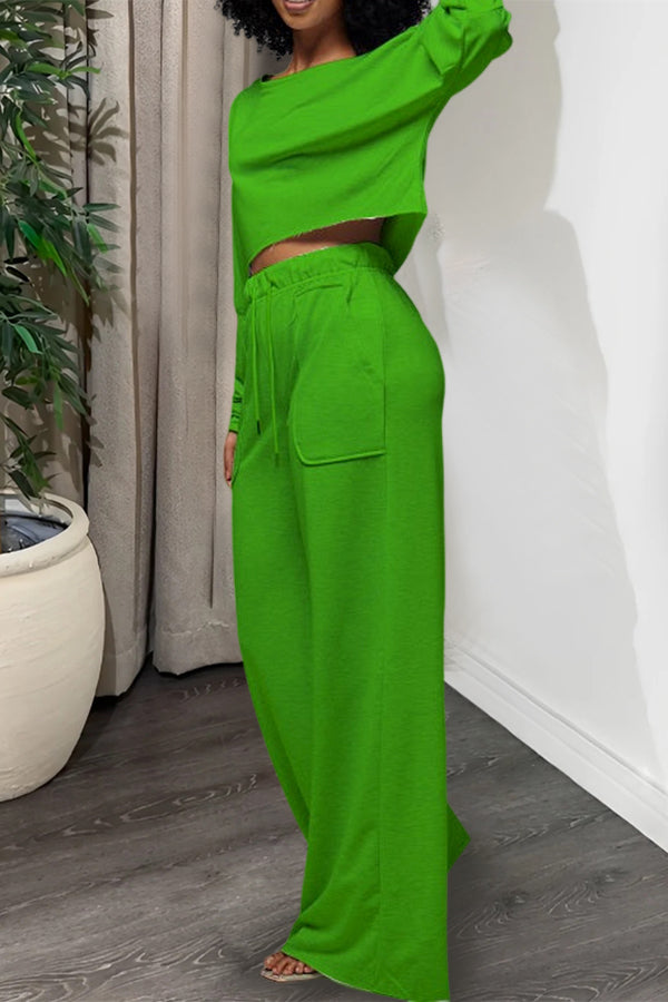 Casual Raw Cut Top & Wide Leg Pants Set