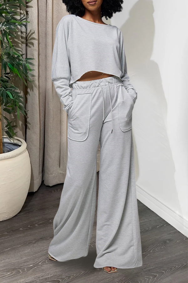 Casual Raw Cut Top & Wide Leg Pants Set