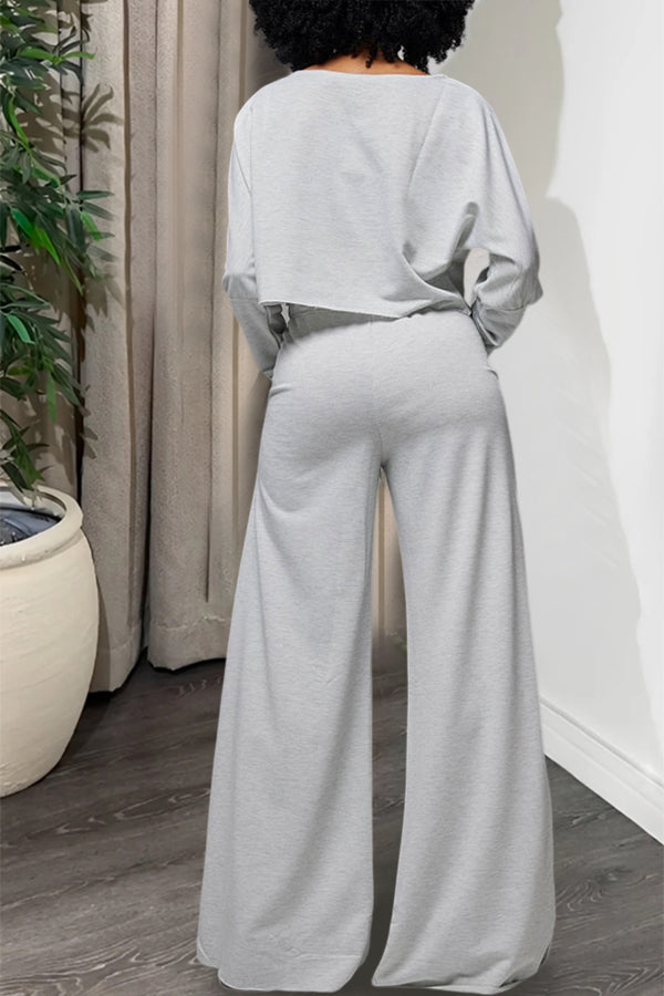 Casual Raw Cut Top & Wide Leg Pants Set