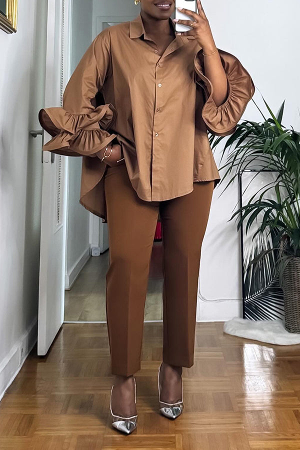 Casual Flounce Sleeve Shirt & Tailored Pants Set