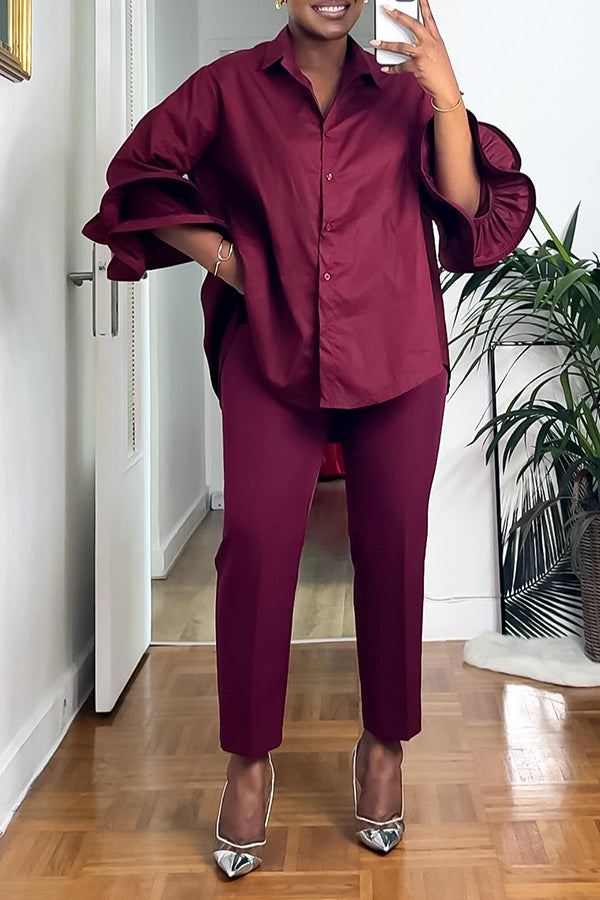 Casual Flounce Sleeve Shirt & Tailored Pants Set