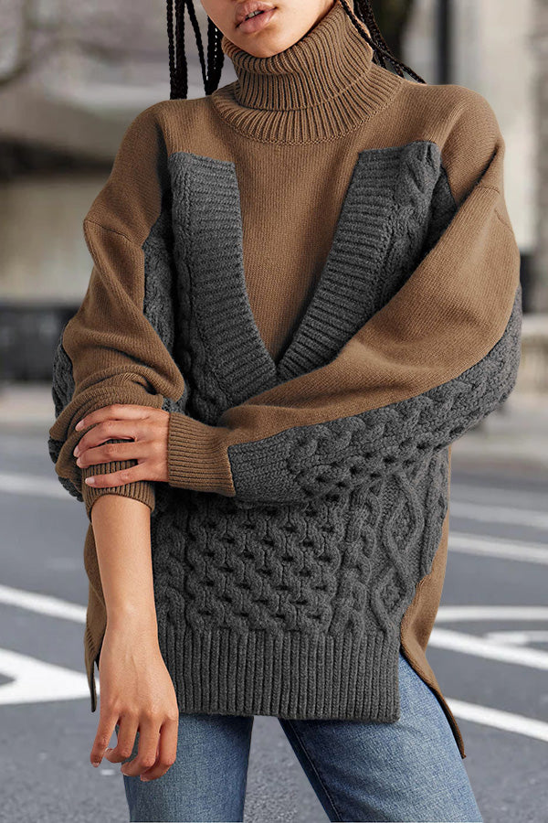 Paneled Ribbed And Cable-Knit Turtleneck Sweater