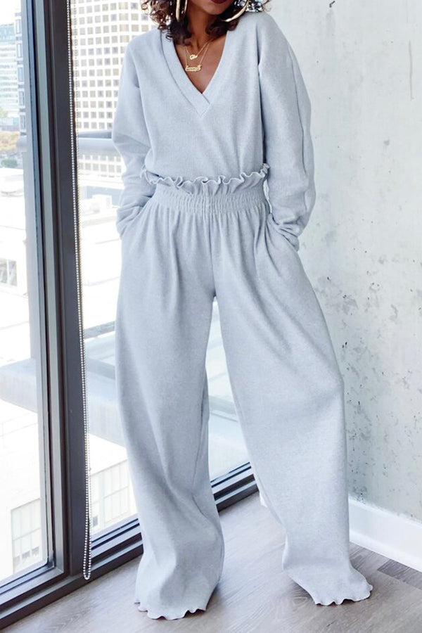 Casual Rib-knit Top & Paperbag Waist Pants Set