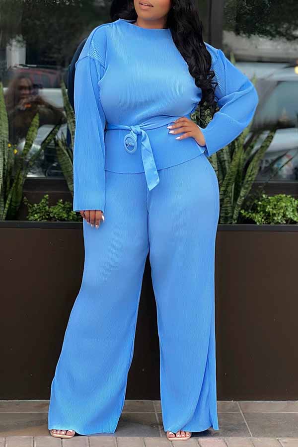 Casual Belted Top & Wide Leg Pant Set