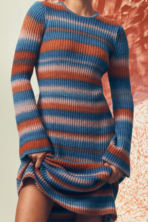 Chic Striped Long-Sleeve Knit Midi Dress