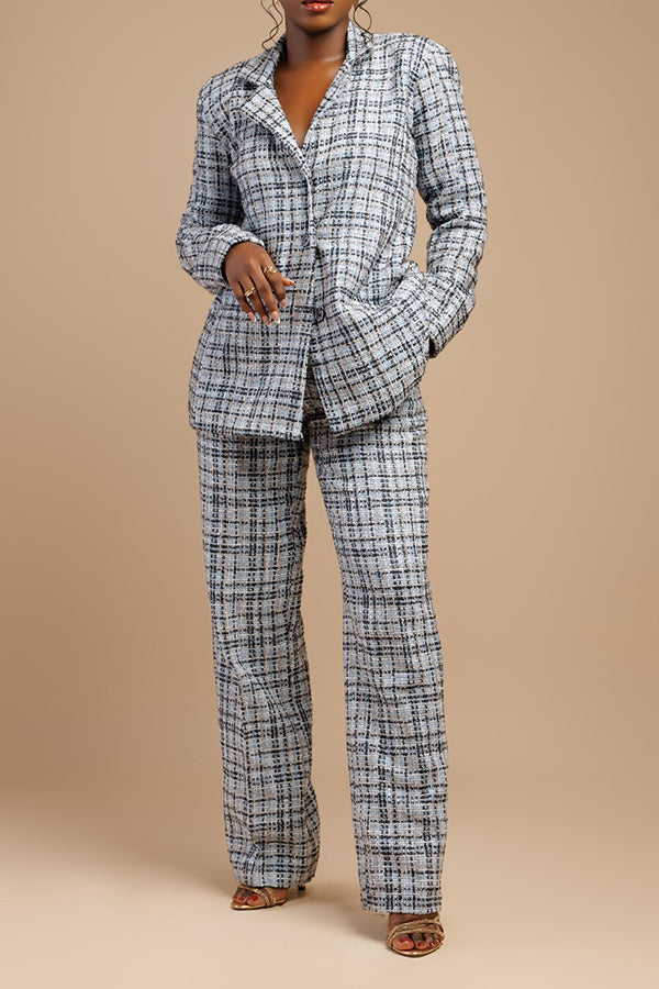 Chic Lapel Neck Plaid Blazer & Tailored Pants Set