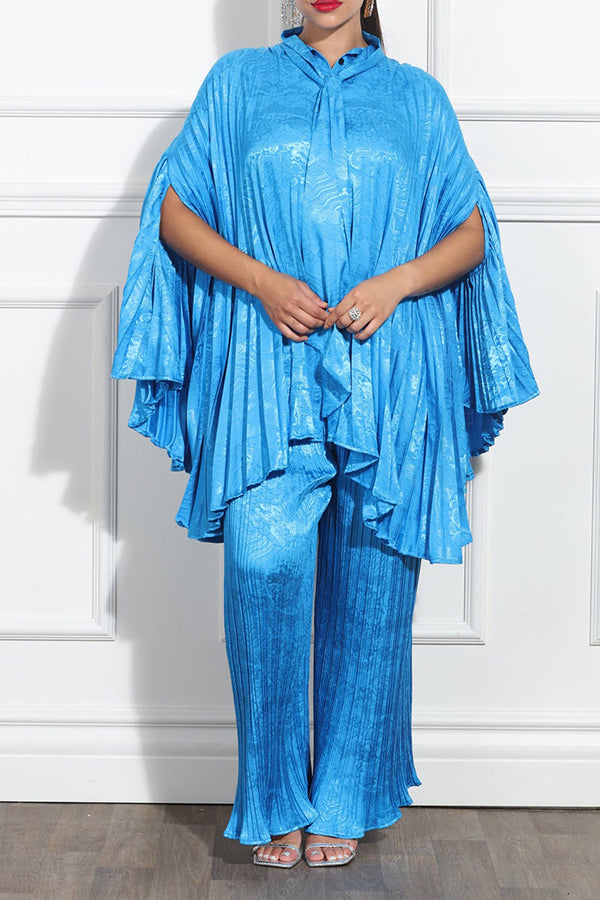 Shiny Pleated Cloak Sleeve Top & Pants Set