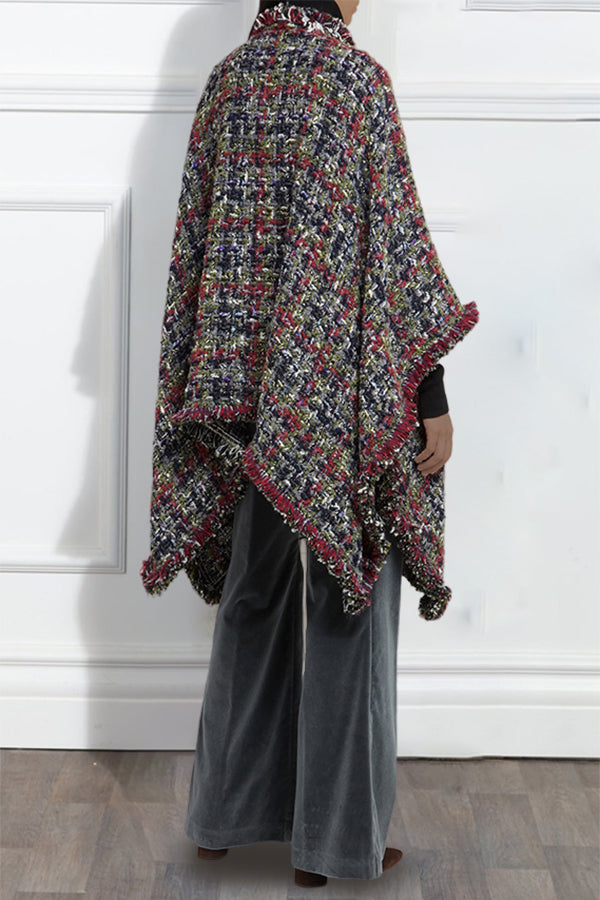 Stylish Raw Trim Multicolor Tweed Cape