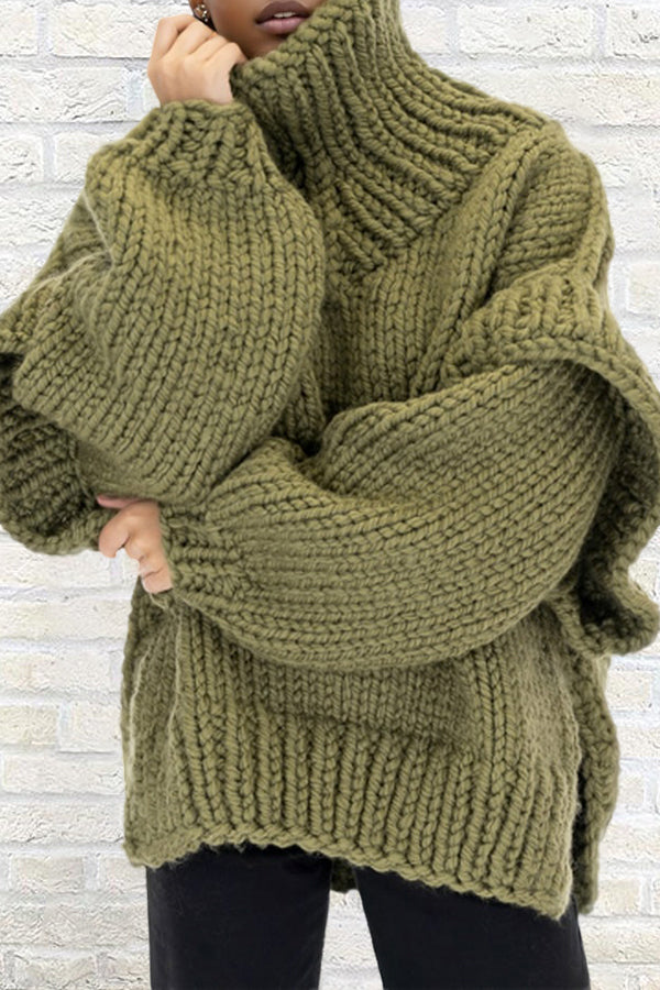 Casual Solid Turtle Rolled Neck Sweater