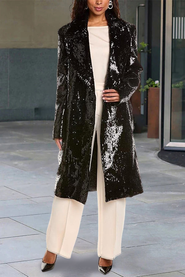 Stylish Parties Lapel Neck Solid Sequin Overcoat