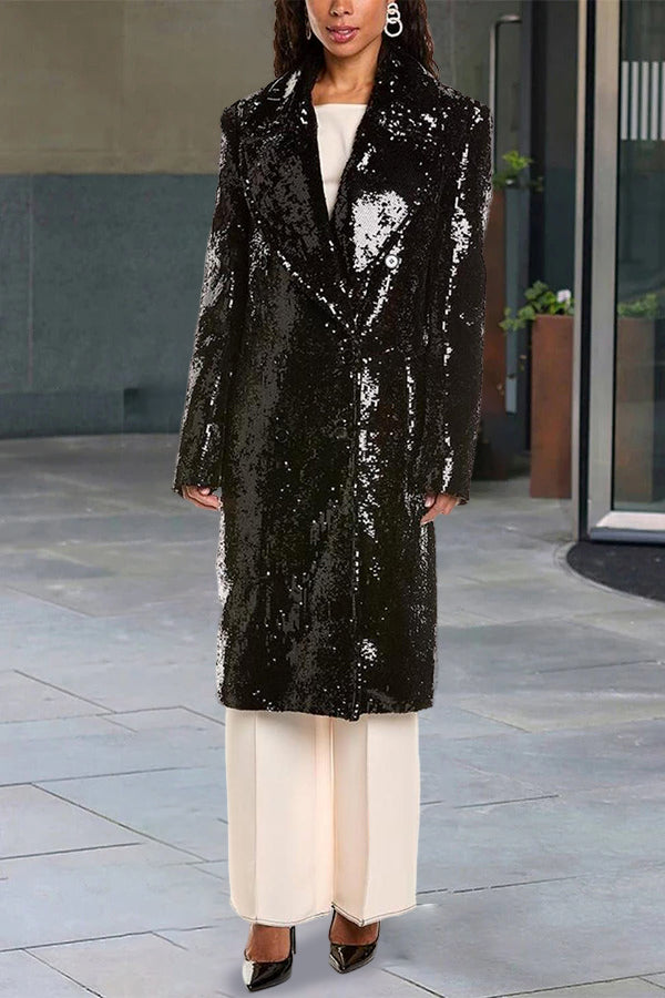 Stylish Parties Lapel Neck Solid Sequin Overcoat