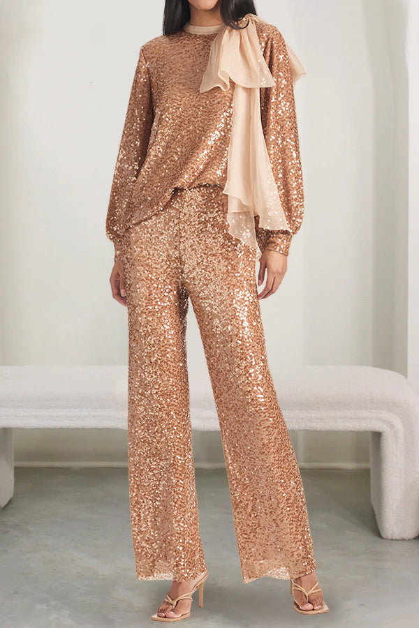 Stylish Sequin Bow Front Blouse & Pants Set