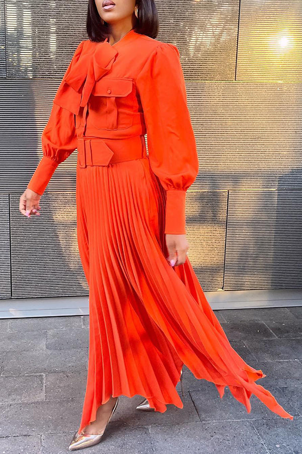 Stylish Lantern Sleeve Pleats Maxi Dress