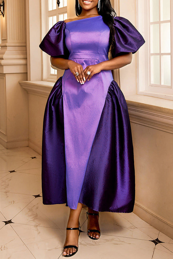 Elegant Puff Sleeve Colorblock Maxi Dress