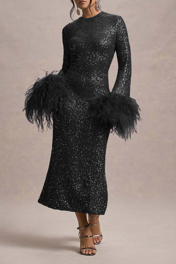 Elegant Feather Cuffs Sequin Midi Dress