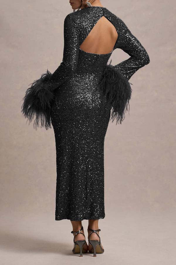 Elegant Feather Cuffs Sequin Midi Dress