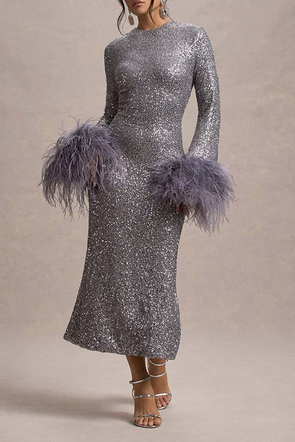 Elegant Feather Cuffs Sequin Midi Dress