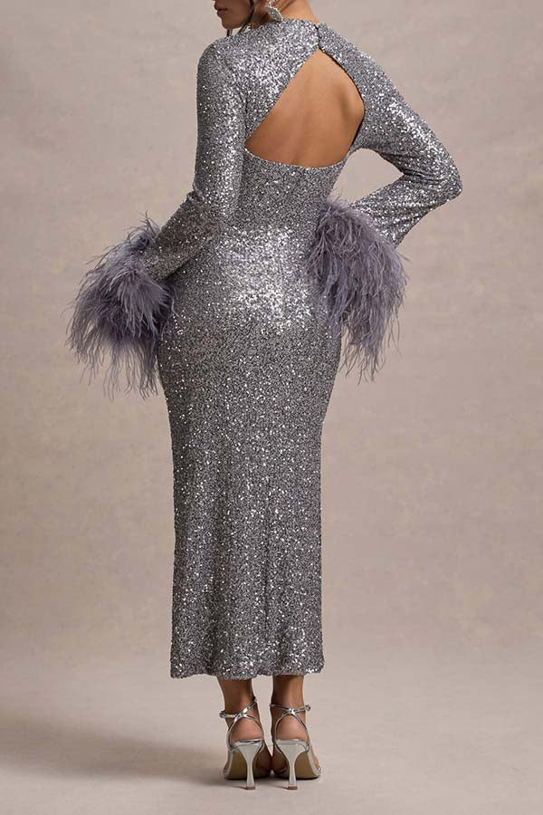 Elegant Feather Cuffs Sequin Midi Dress