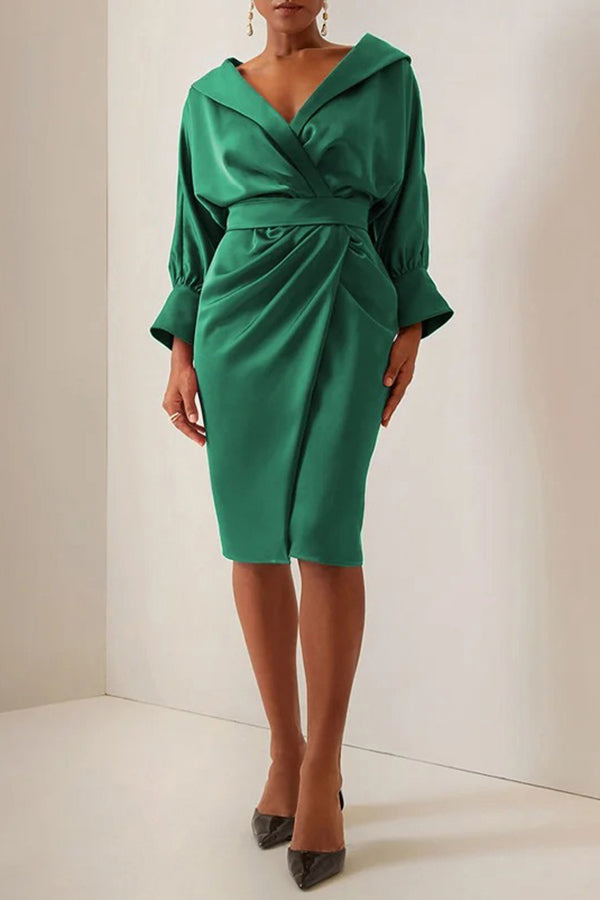 Elegant V Neck Satin Midi Dress