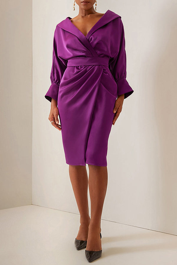 Elegant V Neck Satin Midi Dress