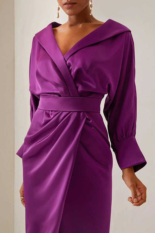 Elegant V Neck Satin Midi Dress