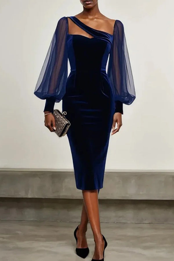 Elegant Mesh Balloon Sleeve Sheath Velvet Midi Dress