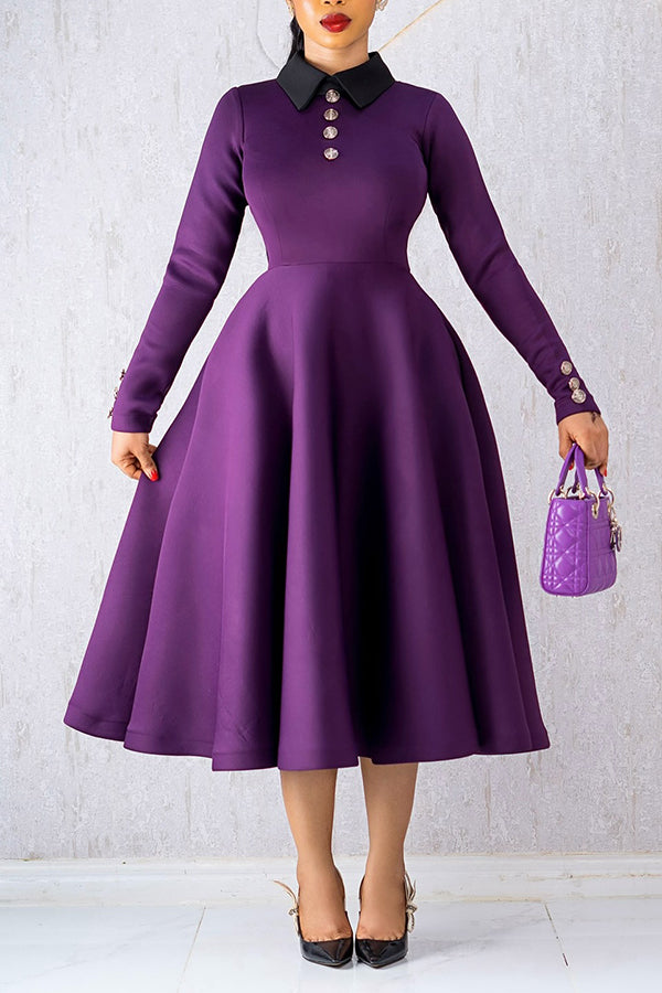 Elegant Shirt Collar A-Line Midi Dress