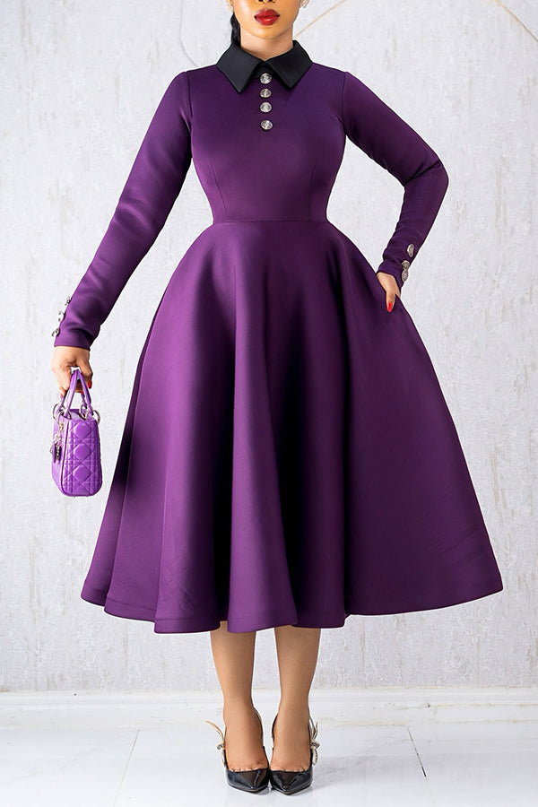 Elegant Shirt Collar A-Line Midi Dress