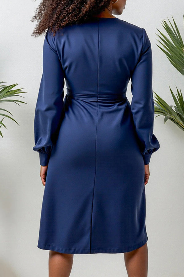 Elegant Lantern Sleeve Wrap Midi Dress