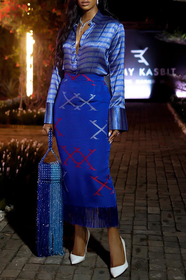 Elegant Allover Print Shirt & Fringe Hem Skirt Set