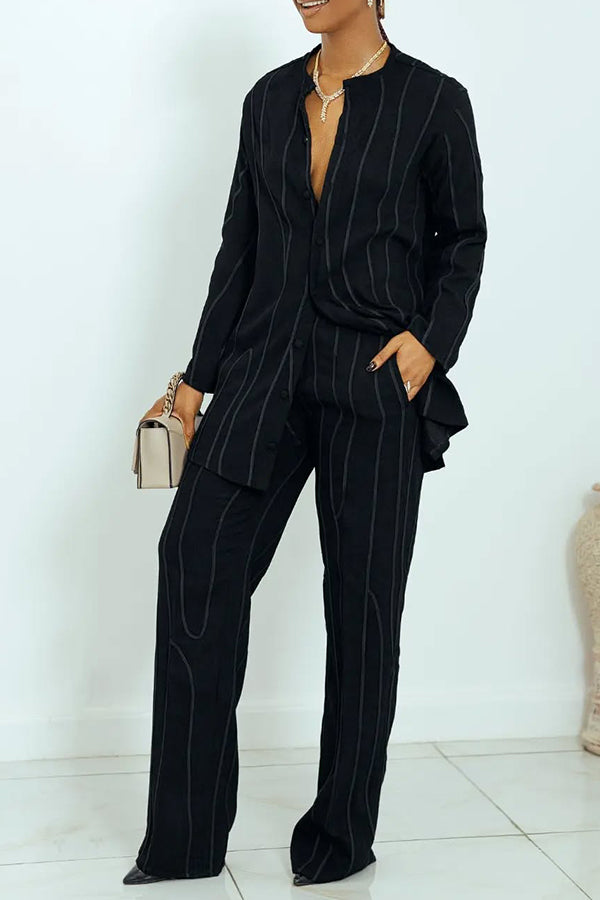 Casual Round Neck Shirt & Wide Leg Pants Set