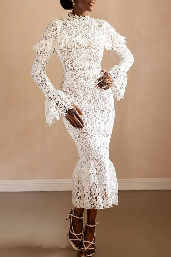 Elegant Trumpet Sleeve Lace Midi Dress