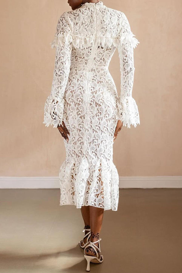 Elegant Trumpet Sleeve Lace Midi Dress