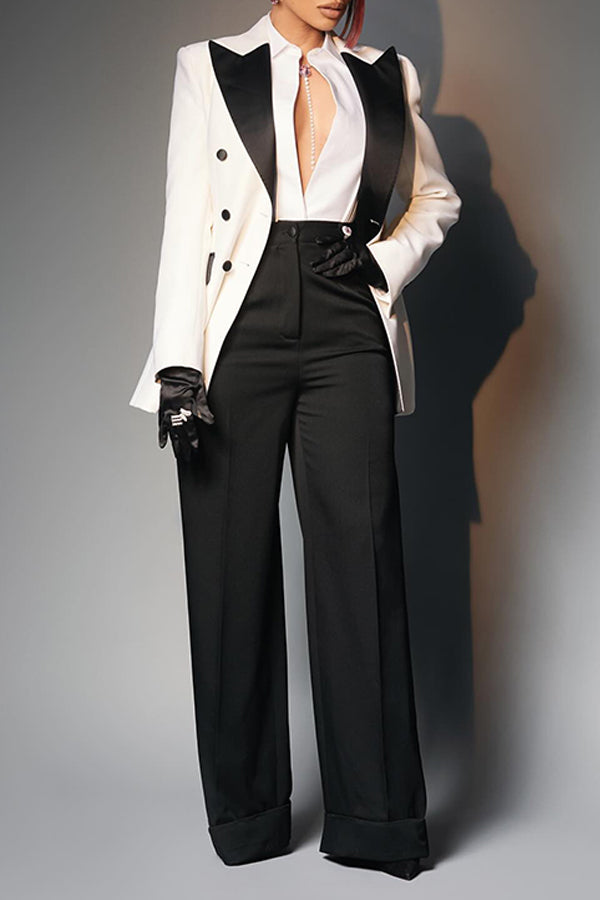 Elegant Colorblock Peak Collar Blazer & Pants Set