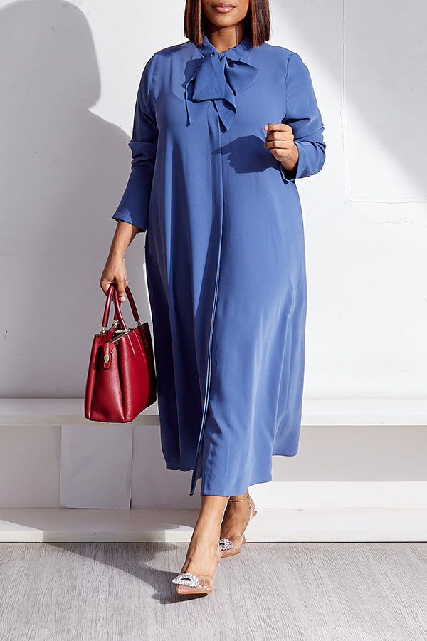 Retro Knotted Collar Long-Sleeved Dress