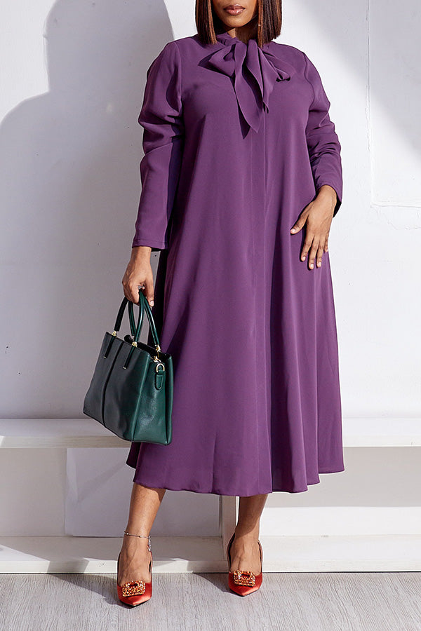 Retro Knotted Collar Long-Sleeved Dress