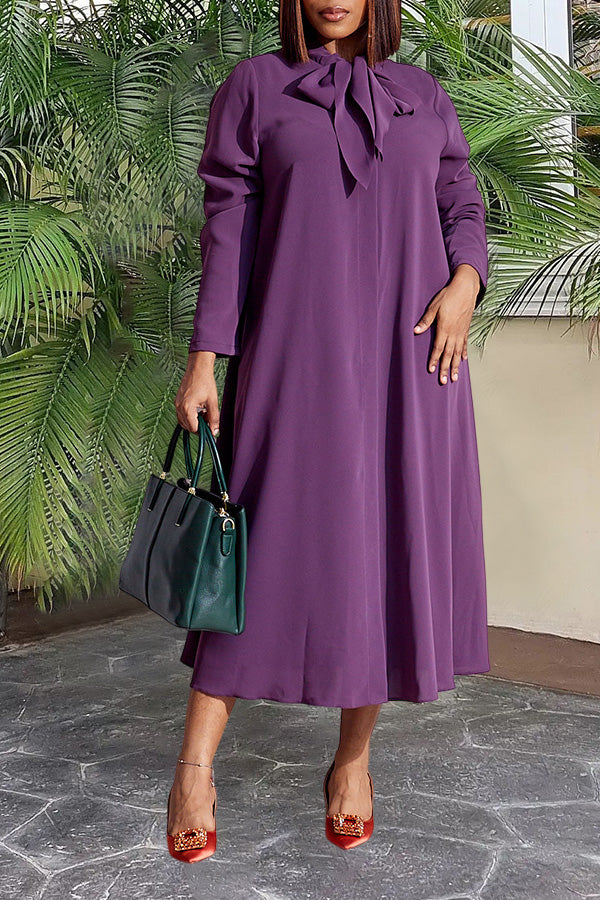 Retro Knotted Collar Long-Sleeved Dress