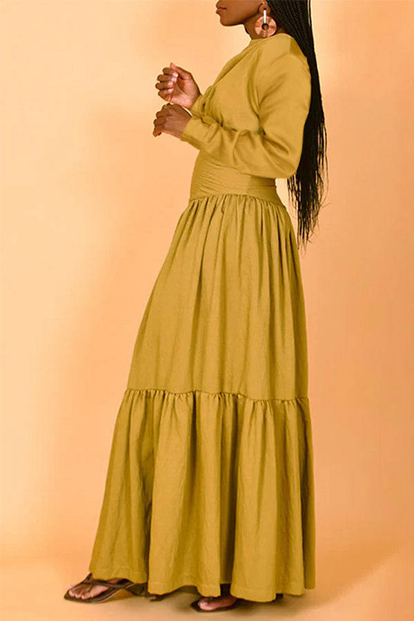 Long Sleeve Nipped Waist Ruffle Hem Dress