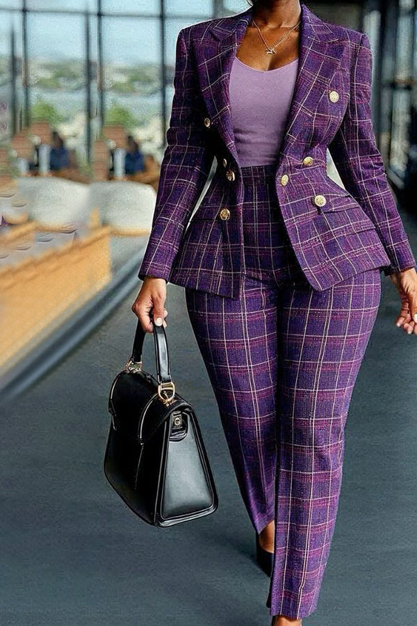 Stylish Plaid Lapel Collar Blazer & Pants Set