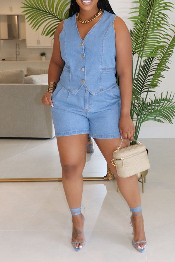 Denim Button Down Gilet & Shorts Set