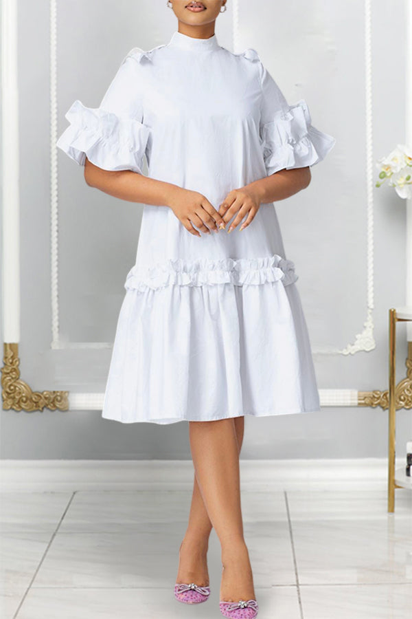 Elegant Frilled Pleated Midi Dress