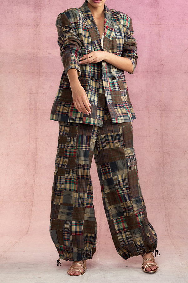 Fashion Plaid Blazer & Drawstring Cargo Pants Set