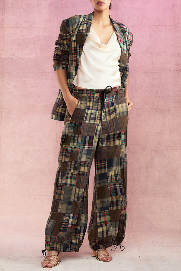 Fashion Plaid Blazer & Drawstring Cargo Pants Set