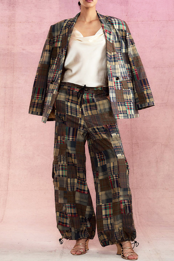 Fashion Plaid Blazer & Drawstring Cargo Pants Set