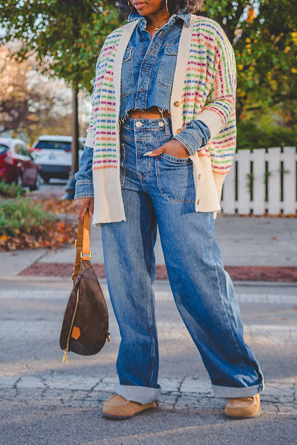 Stylish Colorful Striped Open Front Cardigan