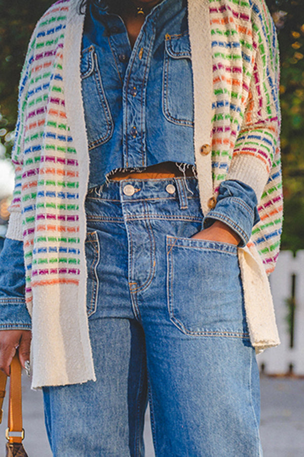 Stylish Colorful Striped Open Front Cardigan