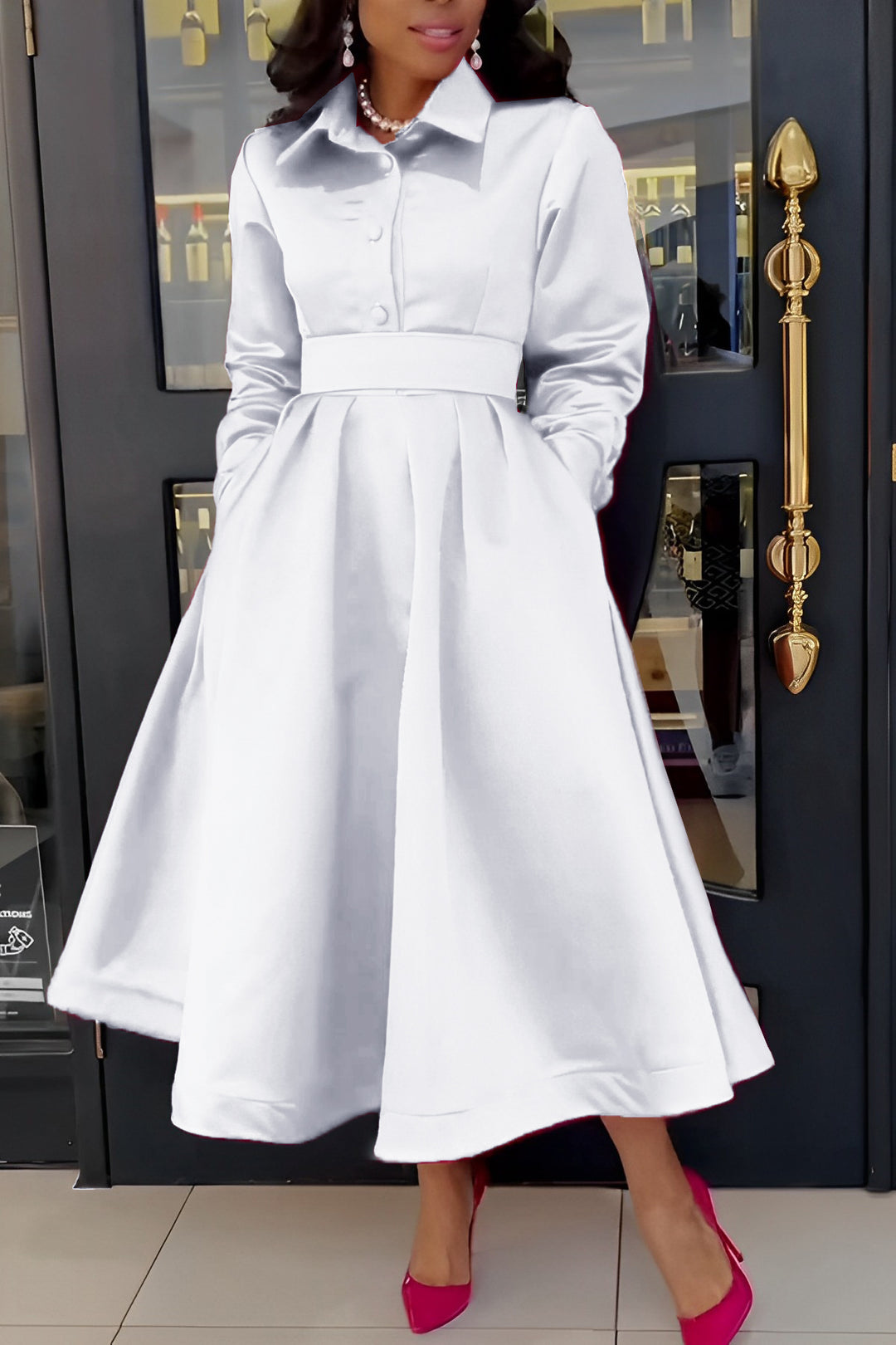 Gorgeous Solid Shirt Collar A-line Dress