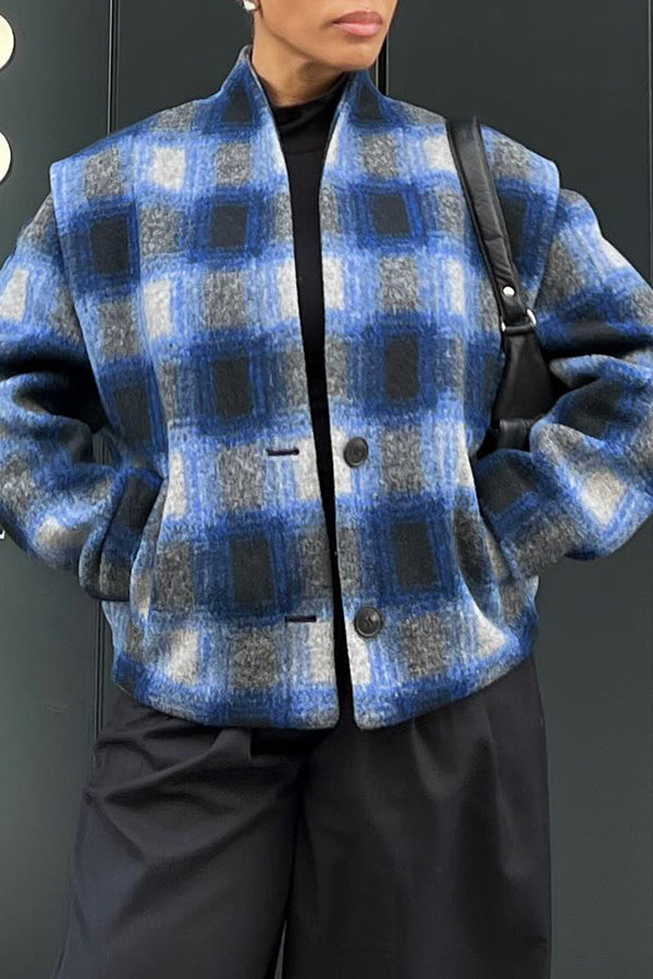 Stylish Plaid Pockets Button Front Jacket