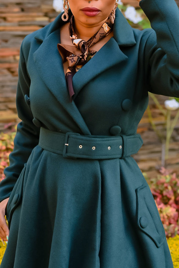 Stylish Lapel Neck Pockets Belted Jacket